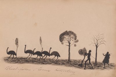 Kwatkwat-mensen - Zwarte man op emujacht (schetsboek van Aboriginal activiteiten) door Tommy McRae